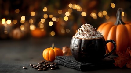 Hot chocolate topped with whipped cream in dark ceramic mug, surrounded by pumpkins and coffee beans against blurred autumn lights background.