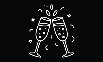 Champagne glasses with fizzy beverage in doodle style. Alcohol and cocktail drink menu. Celebration, party, holiday symbol. Birthday party, anniversary, christmas, new year, wedding