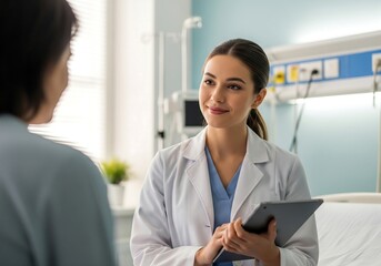 Obraz premium Compassionate physician explaining a diagnosis to her patient using a digital tablet in a modern hospital room