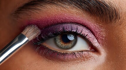 Naklejka premium Close-up of eye with vibrant pink and purple eyeshadow being applied with makeup brush, showcasing professional beauty technique.