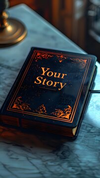 Elegant black leather book with gold lettering "Your Story" on marble surface in warm atmospheric lighting, suggesting personal narrative or memoir writing.