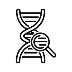 Black and white line icon representing dna structure analysis with a magnifying glass isolated on