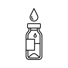 Simple black and white line icon of a medical vial or bottle with a dropper dispensing a single drop, isolated on