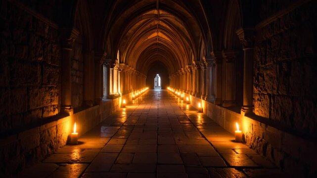Long dark medieval hallway interior illuminated by rows of warm candles in gothic stone architecture with arched ceiling, creating a mysterious and dramatic atmosphere