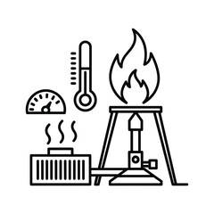 Line icon set representing laboratory heating equipment including a bunsen burner, thermometer, and heat source isolated on