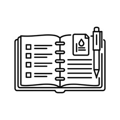 Outline of an open notebook with checklist, document featuring a drop icon, and a pen, isolated on