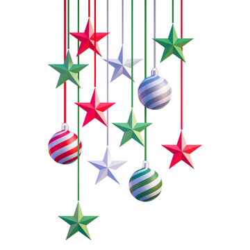set of stars and bauble hangings for decoration of celebration of birthday, vchristmas card decoration banner and christmas card invitation - red green and silver isolated on transparent background