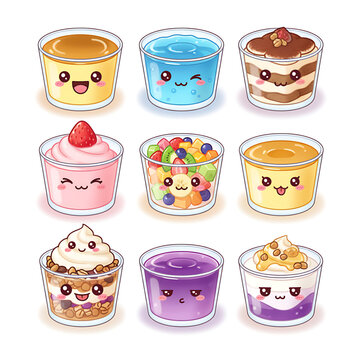 Charming Cartoon Dessert Cups Collection with Kawaii Faces and Delightful Toppings