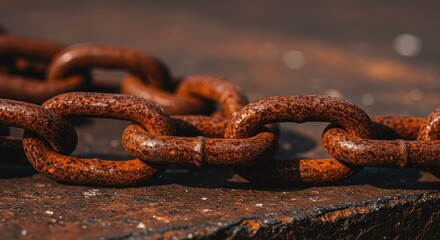 Fototapeta premium Close up view of heavy metal links showing deep orange and brown corrosion, lying on a rough industrial surface, symbolizing neglect and age ,surface ,oxidation ,anchor