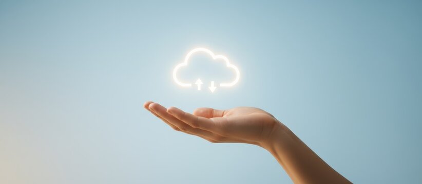 Hand holding a glowing cloud icon with upload and download arrows, representing cloud computing, secure data storage, synchronization and online network connection against blue sky