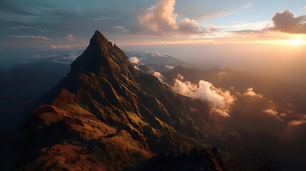 Majestic mountain peak rising above clouds at sunset, dramatic landscape with golden light illuminating rugged terrain and misty valleys below.