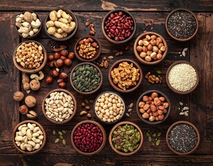 Overhead View of Various Nuts Seeds and Beans in Wooden Bowls on Dark Wood Background