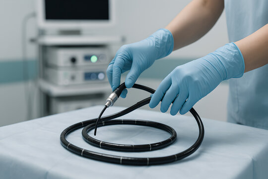 Photorealistic 3D colonoscopy, close-up of gloved hands holding the colonoscope control head, fingers on angulation knobs and suction/air-water buttons, insertion tube looping at frame edge