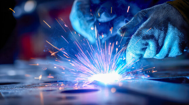 Expert welder wearing protective gloves creating bright sparks while working on metal fabrication in an industrial workshop environment with focused intensity