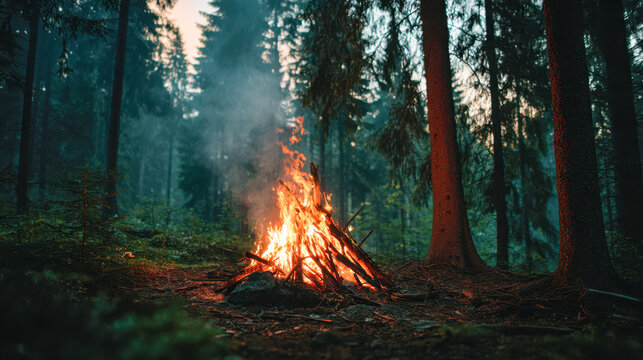 A vibrant campfire blazing with bright orange flames surrounded by tall evergreen trees in a misty forest setting during dusk or early evening hours - Powered by Adobe