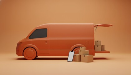 Orange delivery van providing fast logistics services. Transporting numerous cardboard boxes for e commerce and online shopping. With a smartphone displaying a tracking application beside the packages