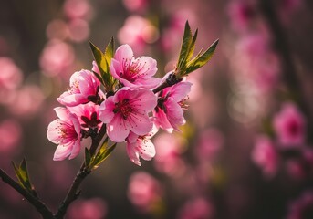 Obraz premium Delicate pink peach flowers blooming profusely on a branch under soft sunlight, symbolizing renewal and the arrival of spring season ,outdoor ,branch ,peaceful