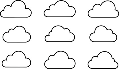 Simple black and white outline of nine fluffy clouds arranged in a grid