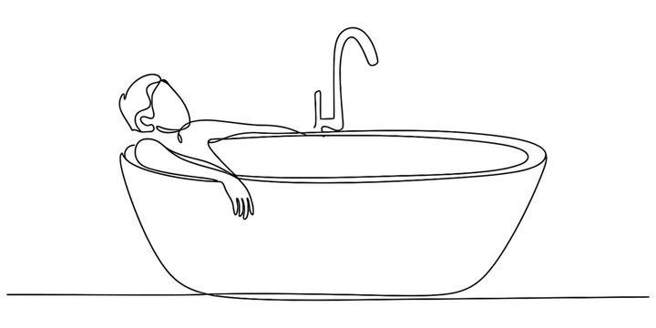 Continuous line drawing of a person relaxing comfortably in a modern bathtub with a stylish faucet, emphasizing self-care and tranquility. Vector, illustration - Powered by Adobe