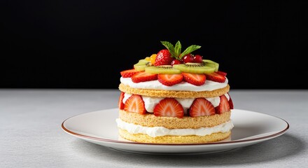Deliciously sweet layered strawberry shortcake topped with fresh whipped cream and ripe fruit, presented elegantly on a white plate ,elegant ,shortcake ,ripe