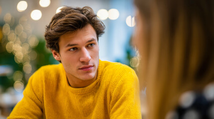 Young man in mustard yellow sweater attentively listening and engaging in conversation in a softly lit cozy indoor setting during wintertime gatherings
