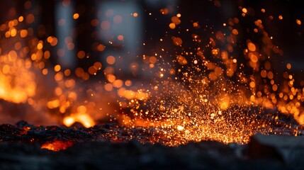 Intense glowing sparks flying from a hot industrial forge.