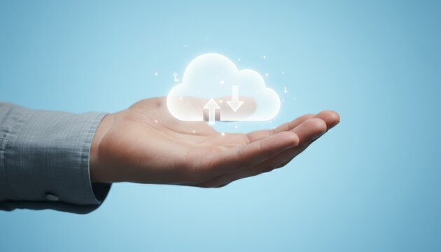 Hand presenting a glowing cloud symbol on a blue background, representing digital data storage, network synchronization, and secure information exchange