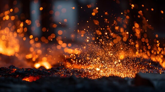 Intense glowing sparks flying from a hot industrial forge.