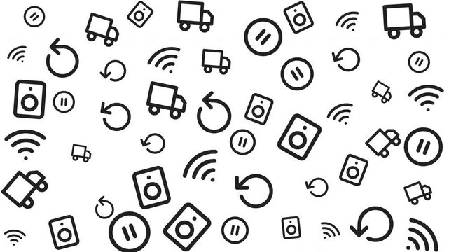 Seamless Wireless Technology Icons Pattern, Digital Communication Symbols, Modern Graphic Design, Abstract Black and White Background