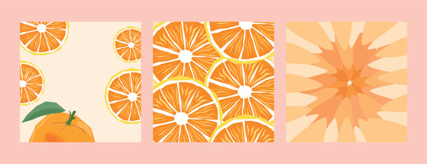 Set of three orange-themed illustrations: whole orange with leaf, sliced oranges, and abstract orange sunburst pattern. Perfect for food, health, and summer designs