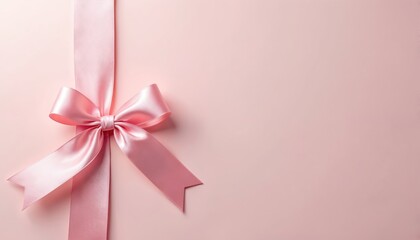 Pink ribbon with bow lies on pink background. Holiday gift concept with copy space for text. Luxury backdrop for greeting card or present design. Gentle light pastel shade. Sweet romantic mood.