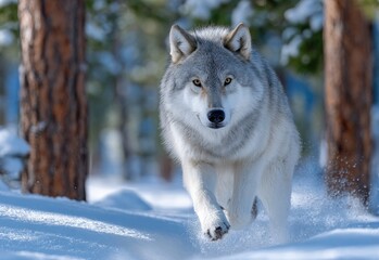 Fototapeta premium an adult wolf running in the snow, with a forest background on a sunny winter day.