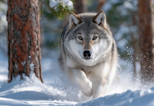 an adult wolf running in the snow, with a forest background on a sunny winter day.