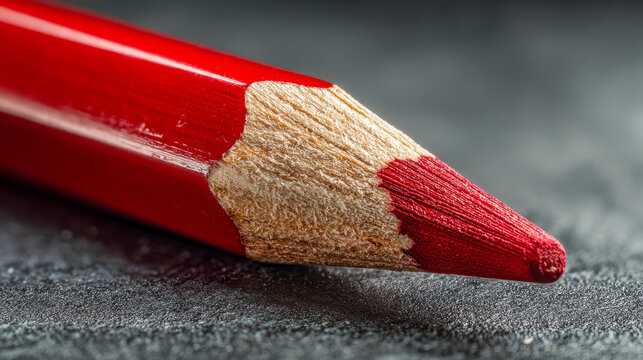 Detailed macro shot of a sharpened red colored pencil tip resting on a textured surface with vibrant wood grain and smooth paint finish visible in natural light