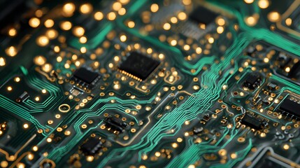 Fototapeta premium Intricate Green Electronic Circuit Board with Glowing Golden Bokeh Lights.