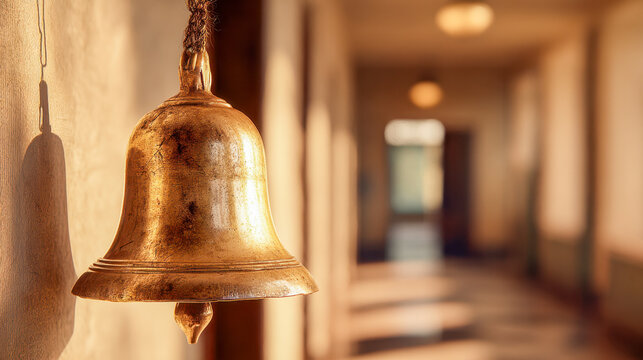 Vintage brass bell hanging on a textured wall with sunlit corridor in soft focus for nostalgic or historical atmosphere and interior design concept - Powered by Adobe