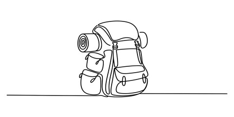 Fototapeta premium Continuous one line drawing of a large hiking backpack with rolled gear on side, isolated vector illustration for outdoor adventures travel concept Vector, illustration