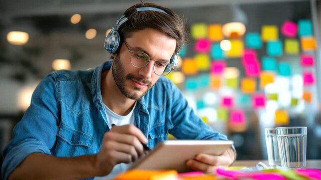 Man in headphones sketching UX wireframes on tablet at coworking desk, sticky notes, design thinking, with copy space