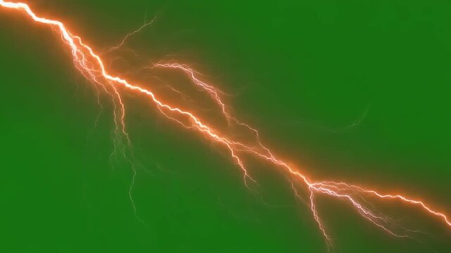 Electric orange lightning strikes across the green screen background creating atmospheric and dramatic visual effects for compositing.