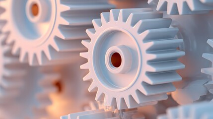 Intricate white mechanical gears interlocking in a complex machine system.