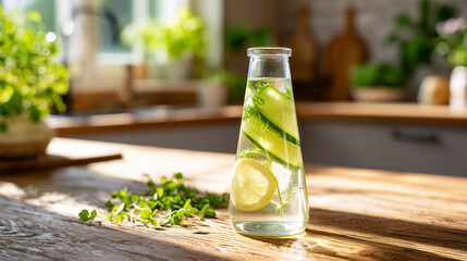 cucumber and lemon detox water in glass bottle on wooden table with herbs and sunlight, ideal for health blog visuals, wellness product ads, summer recipe cards, hydration campaign materials
