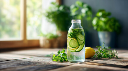 cucumber and lemon detox water in glass bottle on wooden table with herbs and sunlight, ideal for health blog visuals, wellness product ads, summer recipe cards, hydration campaign materials