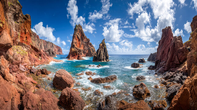 Stunning panoramic view of jagged red rock formations rising from vibrant blue ocean waters under a dynamic sky filled with fluffy white clouds on a bright day - Powered by Adobe