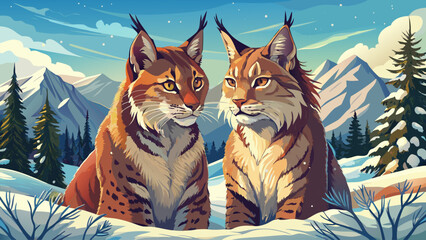 Obraz premium Pair of European lynxes sitting close in a quiet snowy meadow, touching heads softly, showcasing a heartwarming bond in a calm winter landscape