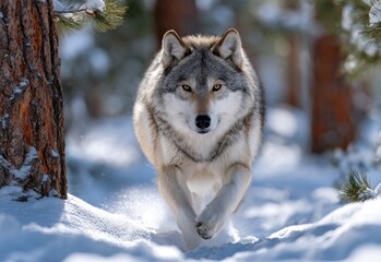 Naklejka premium an adult wolf running in the snow, with a forest background on a sunny winter day.