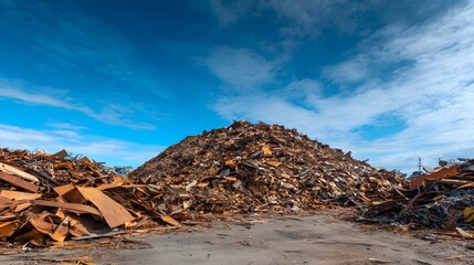 Obraz premium Large mountain of scrap metal and wood waste at a recycling facility under a blue sky.