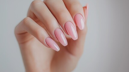 Close-up of gel polish nail painting on minimalist salon background with blurred copy space for beauty tutorials, nail art portfolios, and professional branding