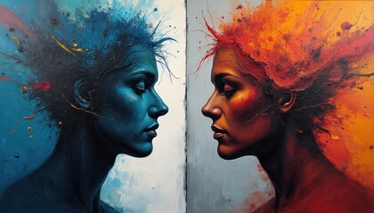 Illustration shows human faces split in contrasting colors. Presents dual aspects of mind split into different conditions. Art bipolar thinking disorders inner conflict emotional imbalance