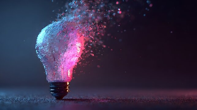 Lightbulb shattering into colorful particles, representing a burst of creativity and innovation.