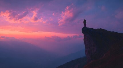 Lone figure silhouetted against a dramatic pink and purple sunset sky on a cliff.